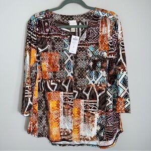 Chico's Safari Splice 3/4 Sleeve Blouse Top-Cotton-Multi Color-Size 3 (XL) NWT